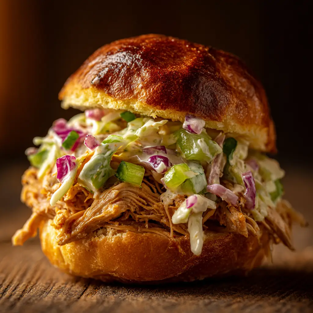 A pan of freshly baked chicken & biscuit sliders topped with a golden honey-garlic butter sauce, ready to be served.