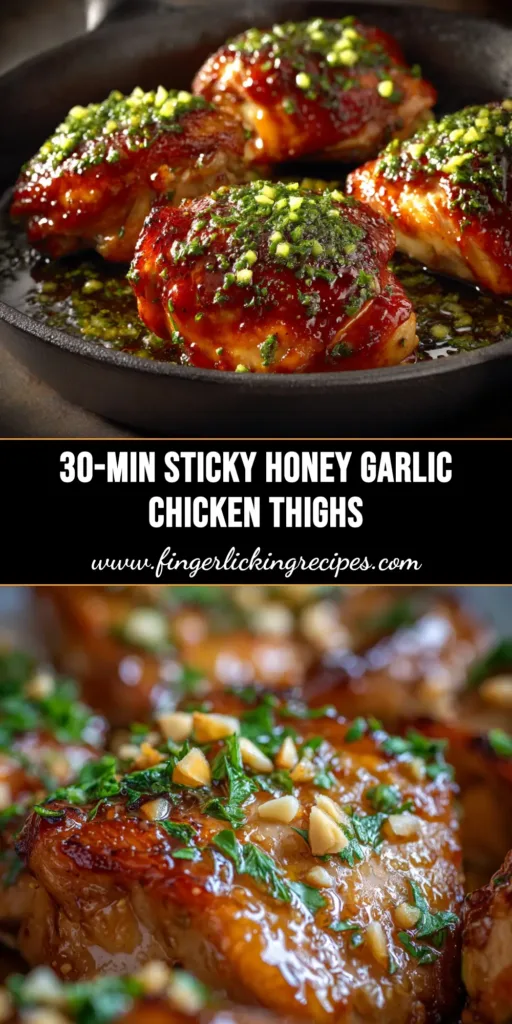 Honey Garlic Chicken Thighs (Easy 30-Minute Recipe) 5 A close-up shot of sticky Honey Garlic Chicken Thighs in a cast iron skillet, garnished with fresh parsley. The perfect easy 30-minute recipe.