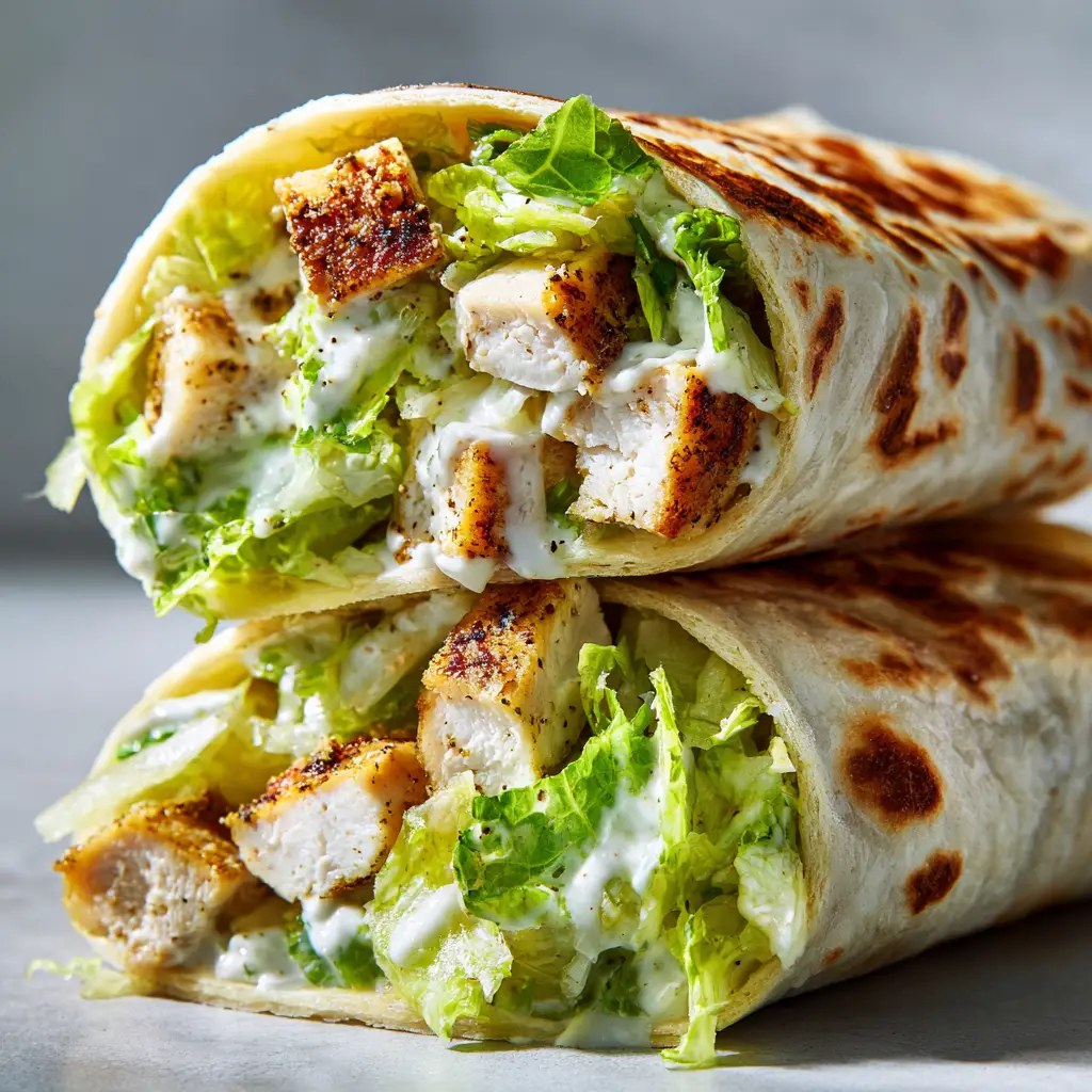 Chicken Caesar Wraps: The Ultimate 20-Minute Meal 2 A shot of two fully assembled Chicken Caesar Wraps before being sliced, showing the perfectly folded tortillas.