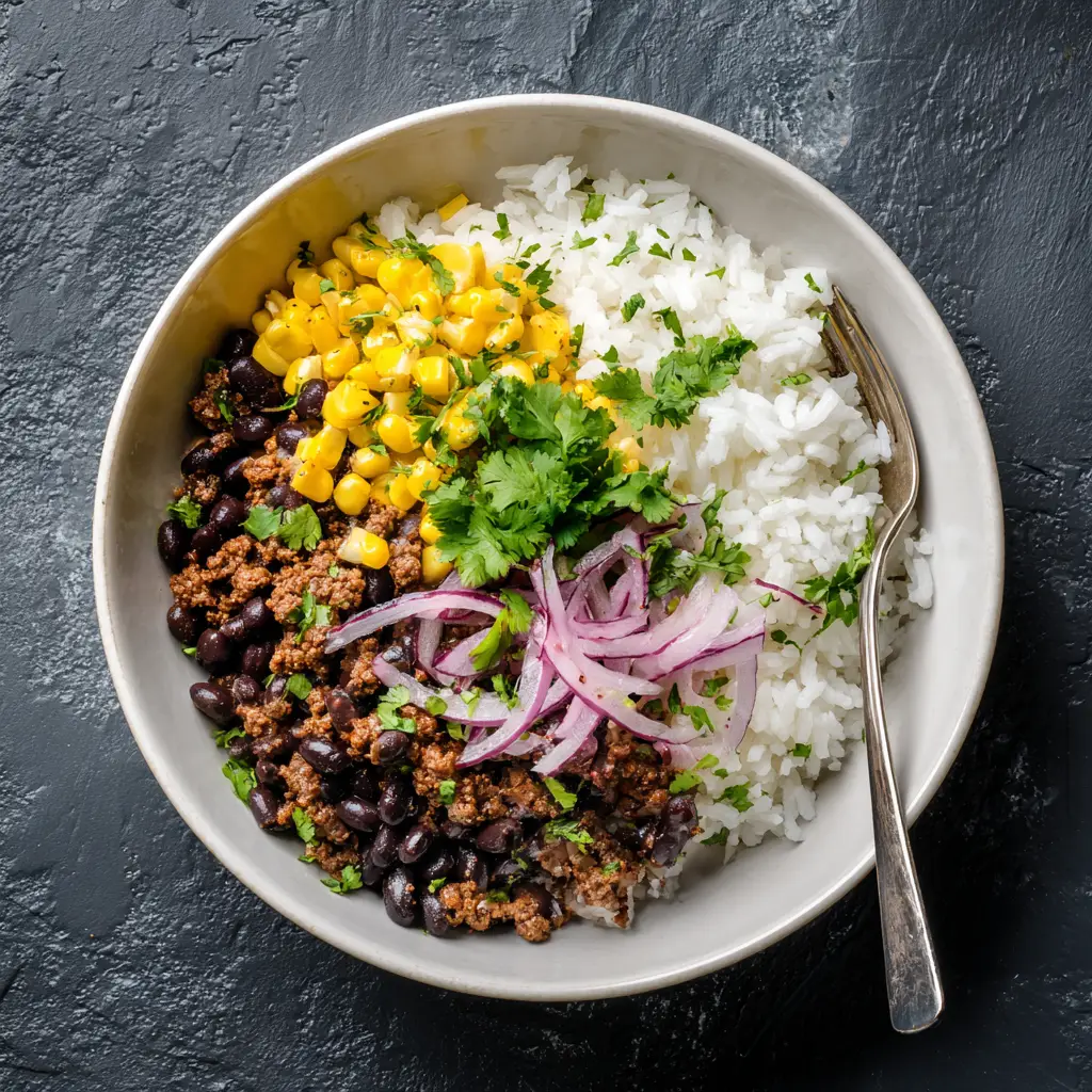 Assembling the High-Protein Beef Rice Bowl, with all the fresh ingredients like beef, rice, and vegetables ready to be combined.