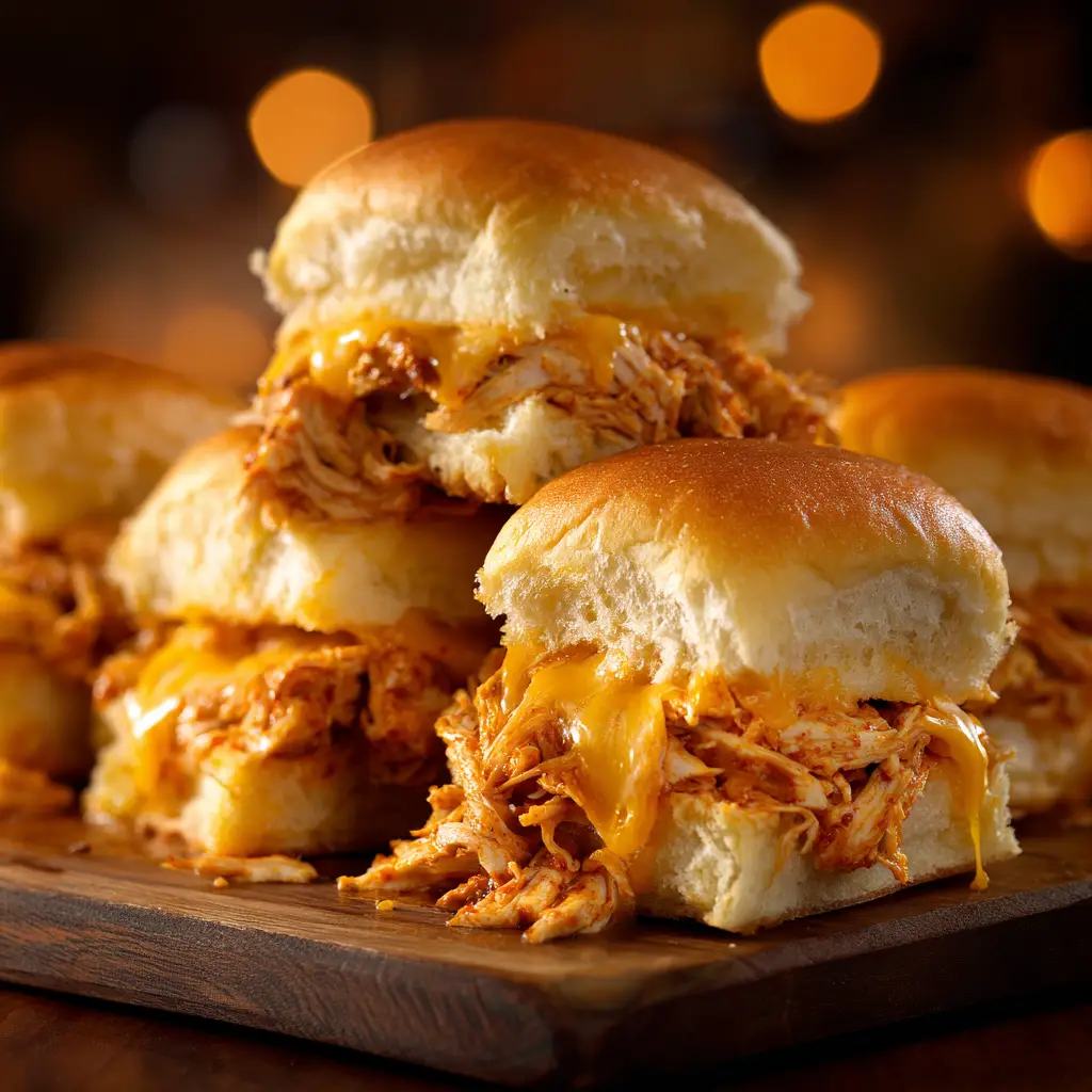 Buffalo Chicken Sliders: The Ultimate Easy Party Appetizer 2 The process of assembling Buffalo Chicken Sliders, with the spicy shredded chicken mixture being spread over the bottom half of the slider rolls.