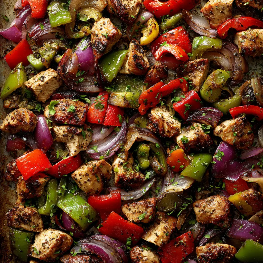 Sheet Pan Chicken Kebabs: The Easiest Weeknight Dinner 3 Colorful, uncooked oven-baked chicken skewers layered on a parchment-lined baking sheet before going into the oven. Chicken, bell peppers, and red onions are threaded onto the skewers.