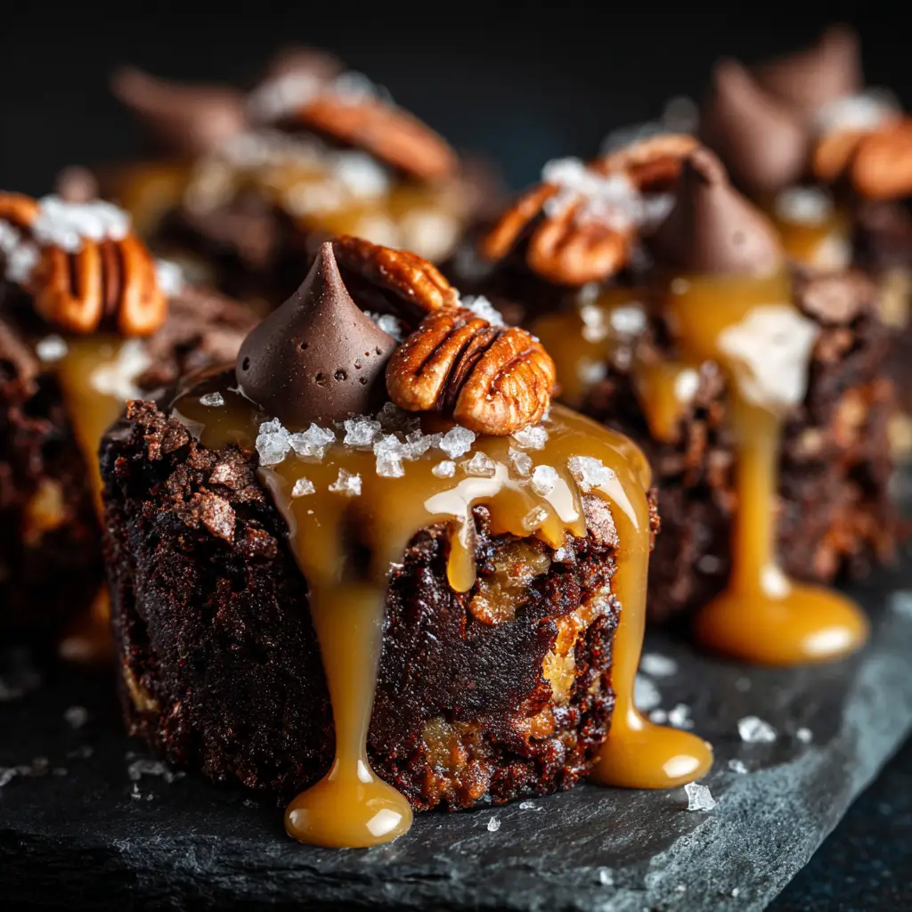 A tray of freshly assembled turtle brownie bites before the final chocolate drizzle, showing the caramel-filled brownie cups and pecans.