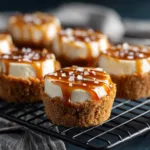 A close-up of individual no-bake cheesecake cups on a white plate, showcasing the creamy filling and graham cracker crust.