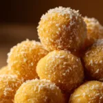 A close-up shot of a stack of instant coconut ladoo, showing the soft and chewy texture of the desiccated coconut.