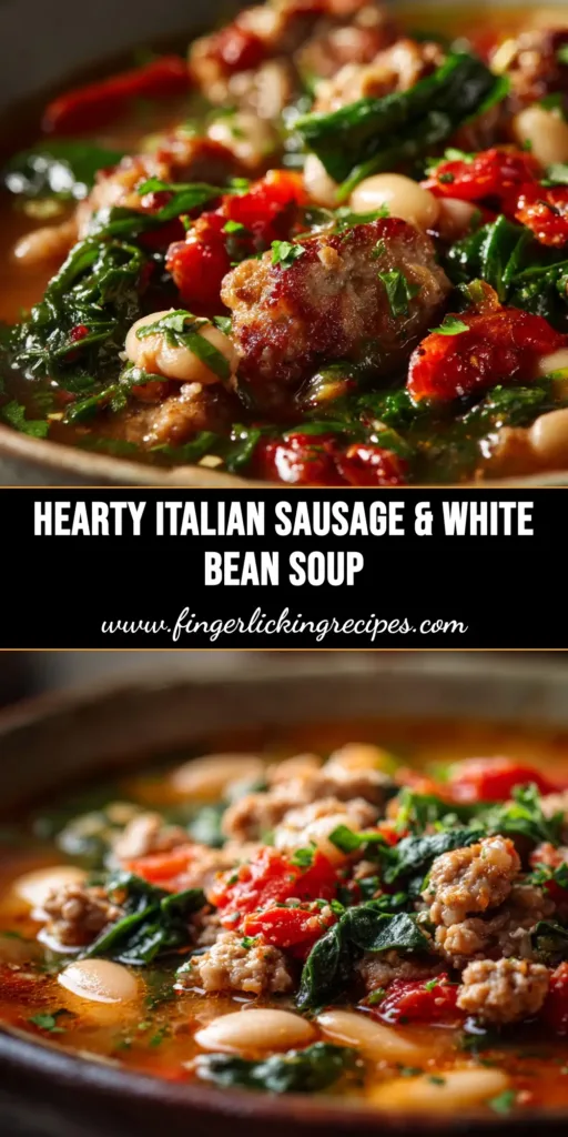 Italian Sausage White Bean Soup (The Ultimate Cozy Recipe) 5 A cozy bowl of Italian Sausage White Bean Soup, garnished with fresh parsley and Parmesan cheese, with a spoon resting inside. The soup is rich and hearty, perfect for a comforting meal.