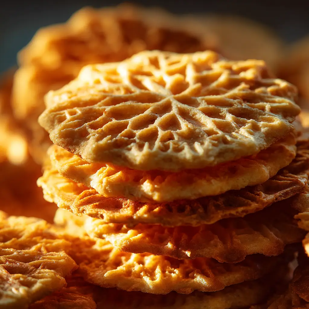 A detailed photograph highlighting the intricate snowflake pattern on a thin Italian waffle cookie made from our recipe.