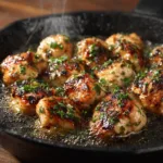 An extreme close-up shot of pan-seared chicken bites, sizzling in a pan and coated in a glistening garlic butter sauce.