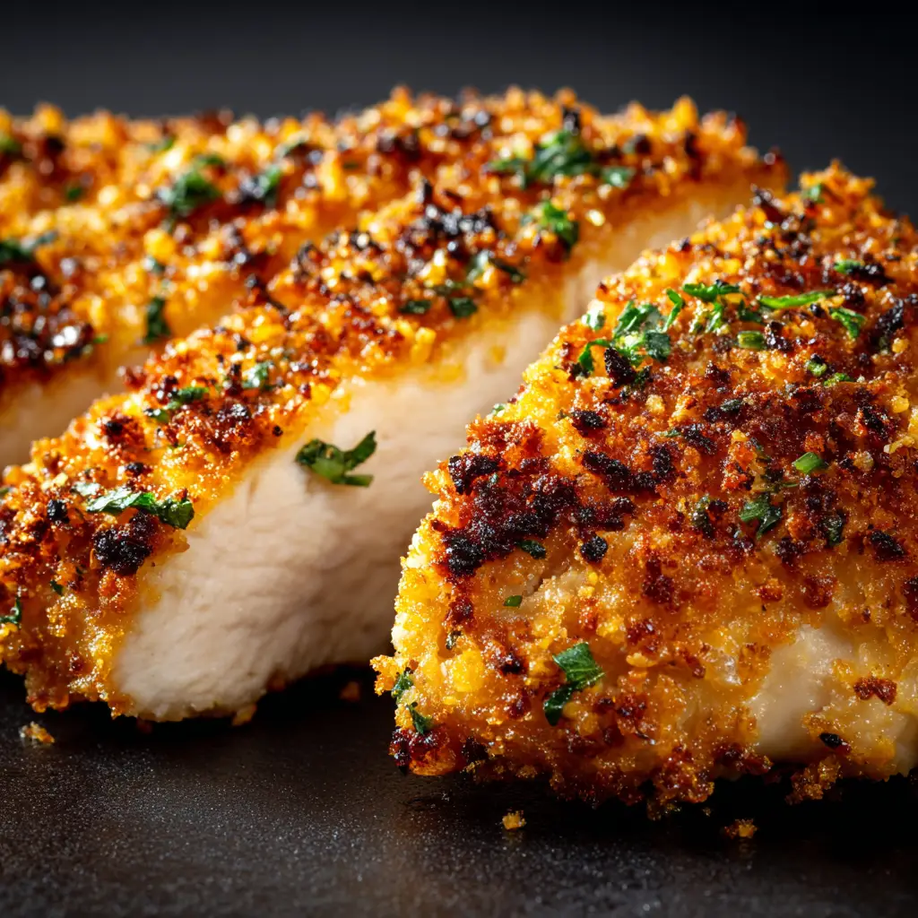 A juicy baked chicken breast coated in a golden parmesan crust, sliced to show the moist and tender white meat inside.
