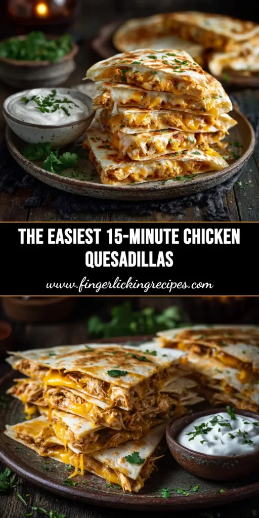 Kid-Friendly Chicken Quesadillas: An Easy Weeknight Win 4 An overhead shot of kid-friendly chicken quesadillas cut into wedges on a wooden board, served with bowls of sour cream and mild salsa. The perfect easy weeknight dinner for picky eaters.