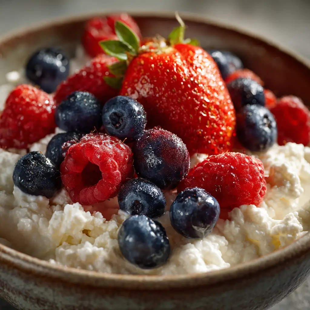 Two finished Cottage Cheese and Berry Breakfast Cups in glass jars, ready to be eaten.