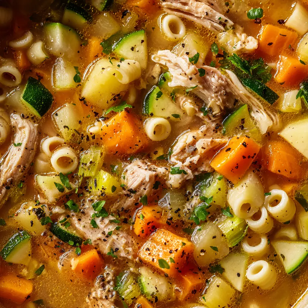 Turkey Vegetable Soup (The Ultimate Leftover Makeover) 2 A close-up shot of a spoonful of leftover turkey soup, showcasing the chunks of turkey, diced potatoes, corn, and peas in a savory broth.