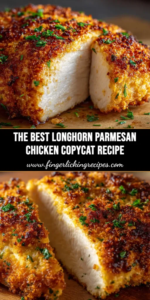 LongHorn Parmesan Crusted Chicken: The Ultimate Copycat Recipe 4 A close-up shot of the finished LongHorn Parmesan Crusted Chicken, perfectly golden brown with melted provolone cheese on top, served on a white plate.