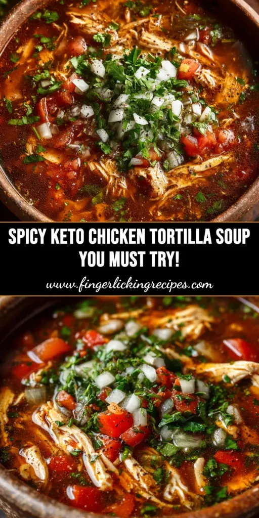 A vibrant bowl of creamy low carb chicken tortilla soup, topped with fresh avocado, cilantro, and shredded cheese. A lime wedge sits on the side.