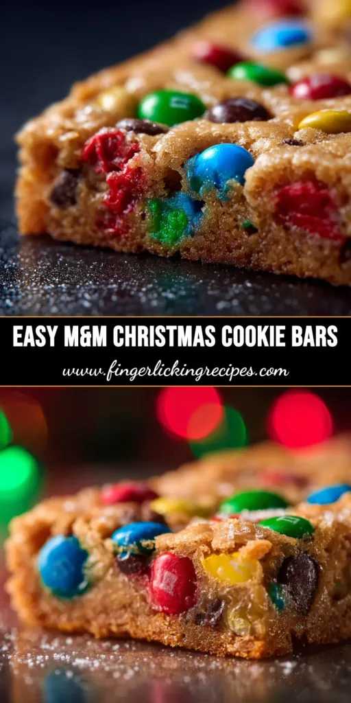 An overhead shot of M&M Christmas cookie bars cut into squares on a festive plate. The bars are golden brown and studded with red and green M&Ms and chocolate chips.