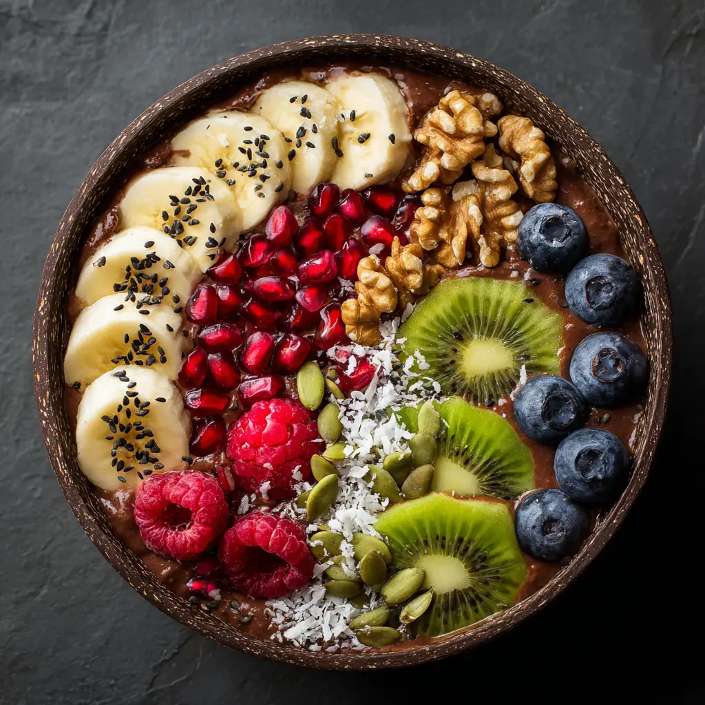Superfood Breakfast Bowl (Easy, Healthy & Customizable) 2 Assembling the superfood breakfast bowl, showing the quinoa and yogurt base being topped with fresh blueberries, raspberries, and seeds.