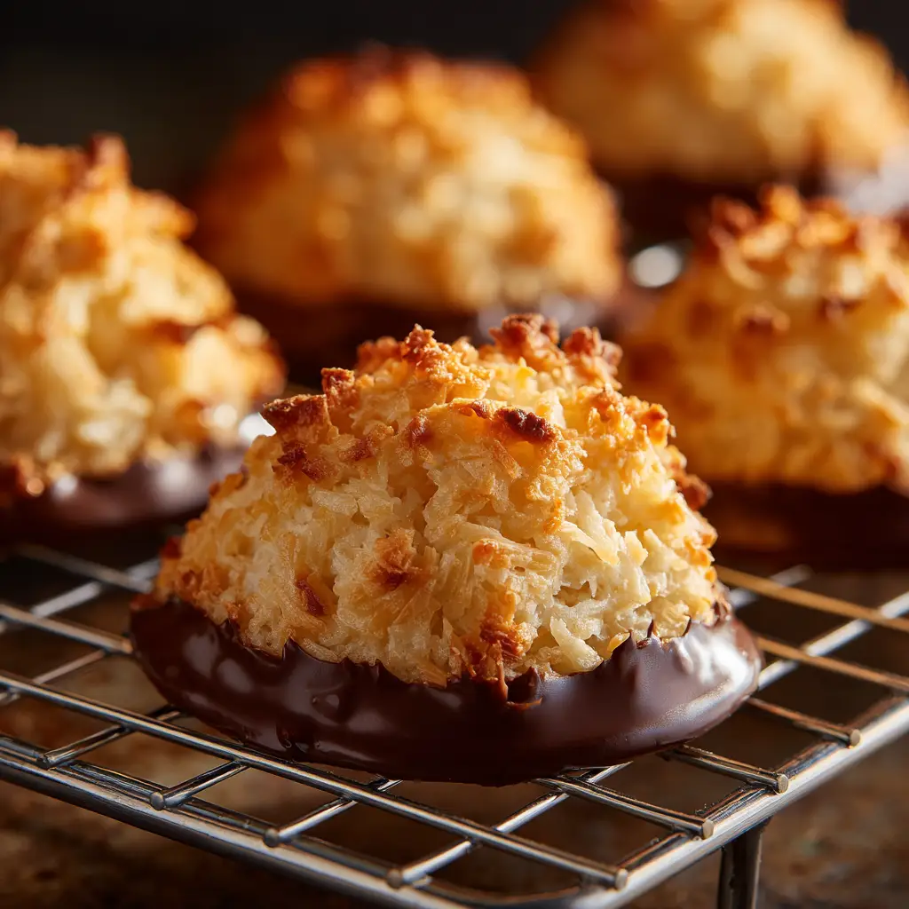 The process of making coconut macaroons, showing the batter being scooped onto a parchment-lined baking sheet before baking.