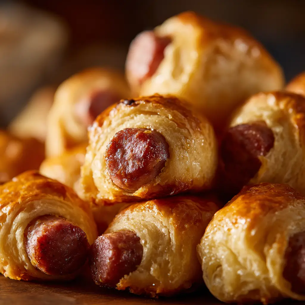 The process of wrapping a slice of Conecuh sausage with a triangle of crescent roll dough on a wooden board before baking.