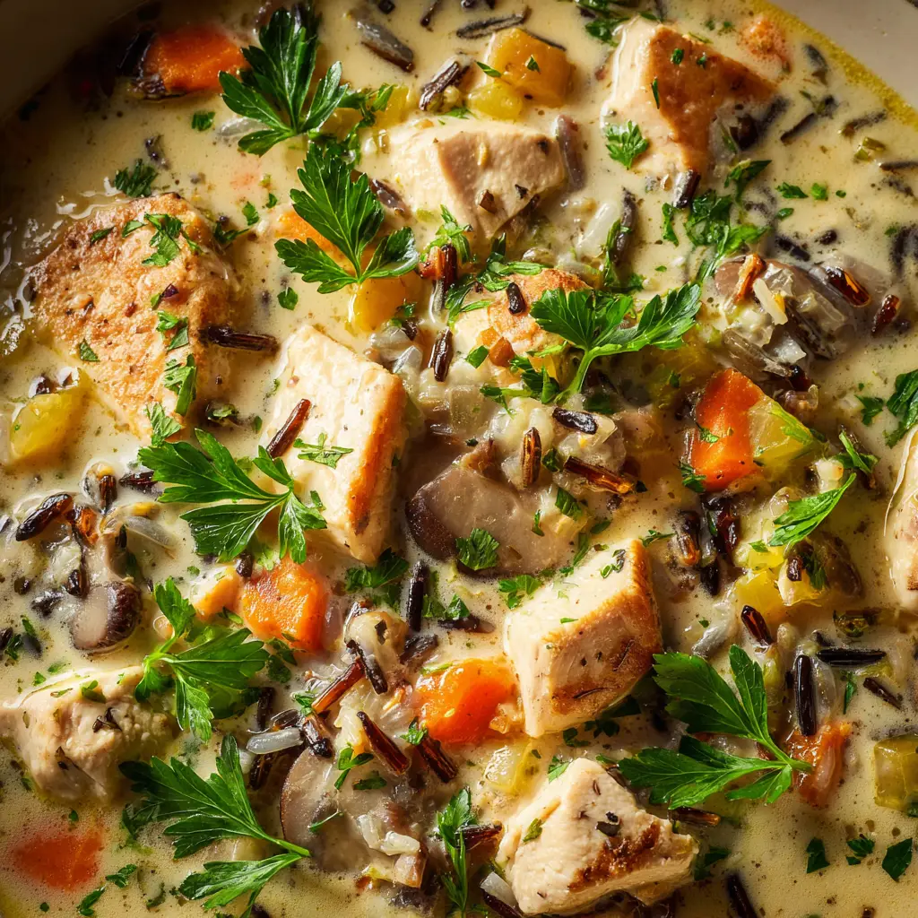 Creamy Chicken and Wild Rice Soup (Better Than Panera!) 2 A Dutch oven on a stovetop filled with simmering creamy chicken and wild rice soup before the cream has been added.
