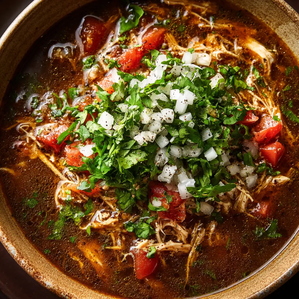 A step-by-step process shot showing the creamy broth of the chicken tortilla soup simmering in a Dutch oven.