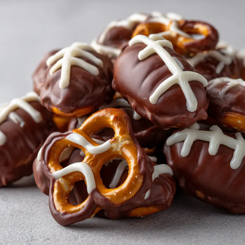 Football Pretzel Bites: The Ultimate Game Day Snack 2 The process of making football pretzel bites, showing melted chocolate being spooned onto pretzel snaps on a parchment-lined tray.