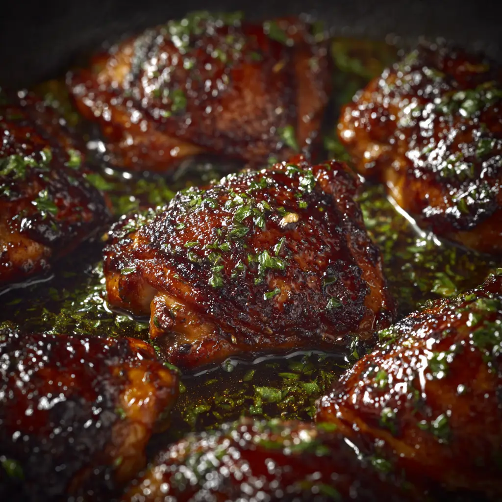 Honey Garlic Chicken Thighs (Easy 30-Minute Recipe) 2 A step-by-step process shot showing the honey garlic sauce being poured over seared chicken thighs in a skillet before baking.