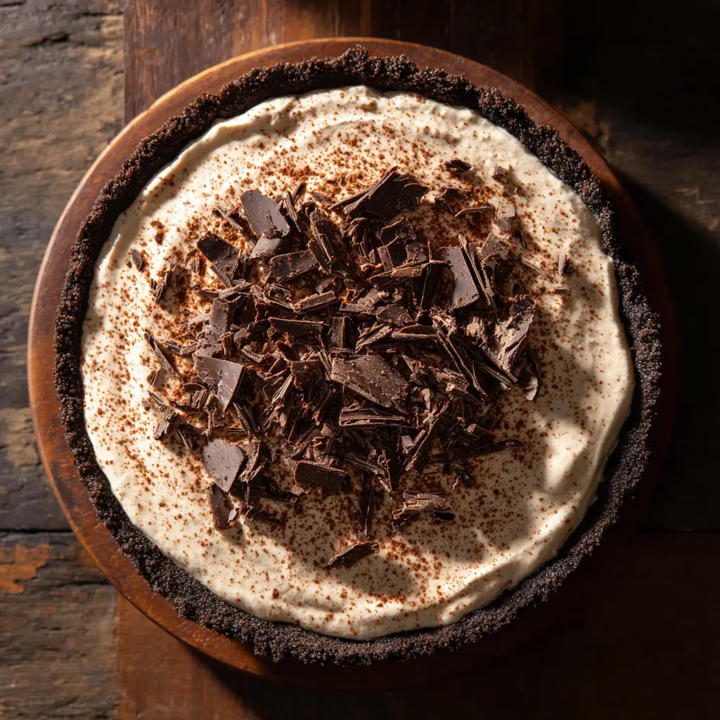 A close-up shot of the peanut butter pie filling being smoothed into the Oreo cookie crust with a spatula.