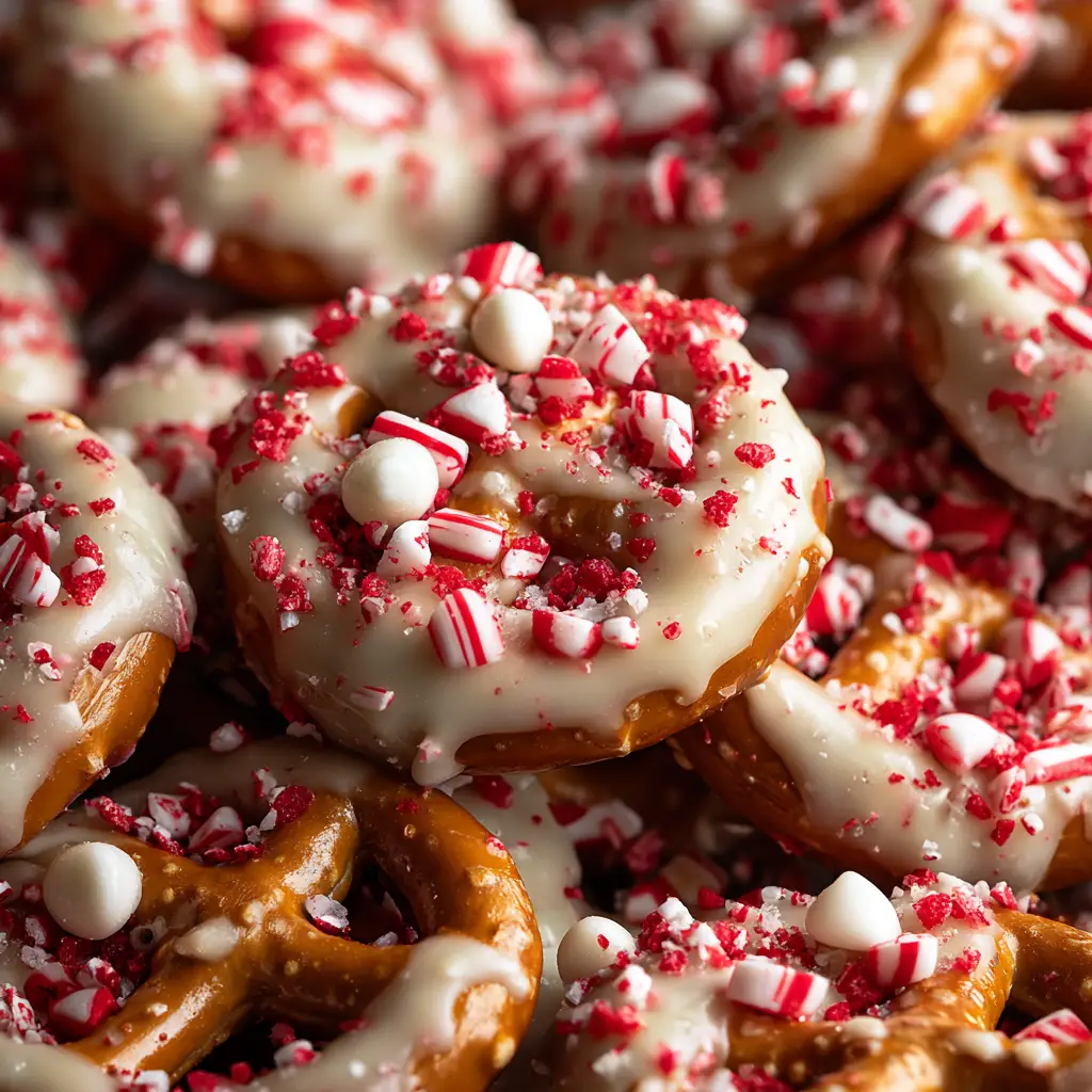 A process shot showing melted white chocolate being topped with crushed candy canes on a pretzel square.
