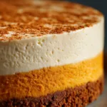 Pumpkin Cheesecake Recipe (The Creamiest You'll Ever Make) An extreme close-up of the smooth, spiced pumpkin cheesecake filling being poured over a pre-baked Biscoff cookie crust in a springform pan.