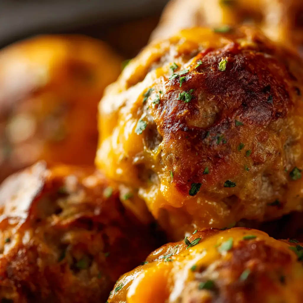 Sausage Cheese Balls Recipe (The BEST + Easiest!) 2 The process of forming sausage cheese balls by hand before baking, showing the raw mixture.