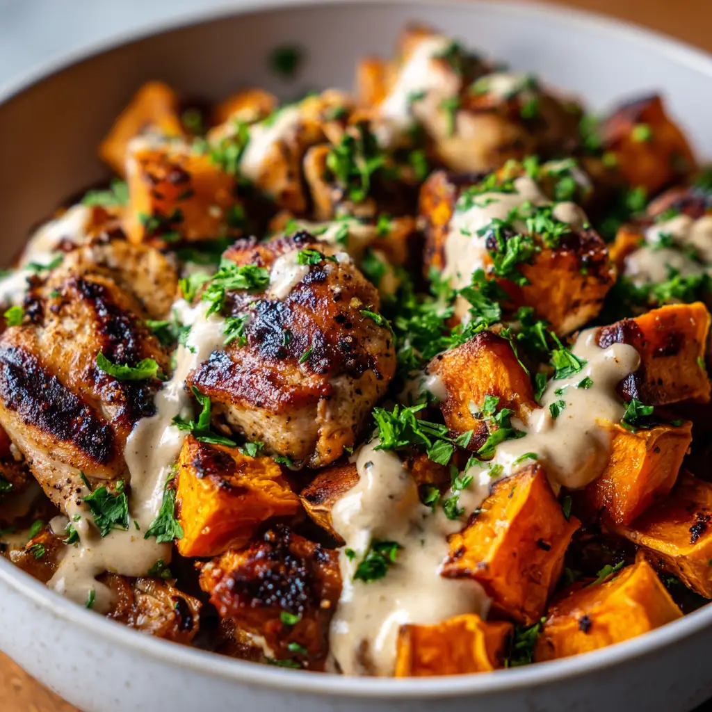 Maple Dijon Chicken Bowls: Your New Favorite Weeknight Meal 3 A close-up shot of the tender maple dijon chicken and caramelized sweet potatoes in a white bowl, highlighting the texture of the dish.