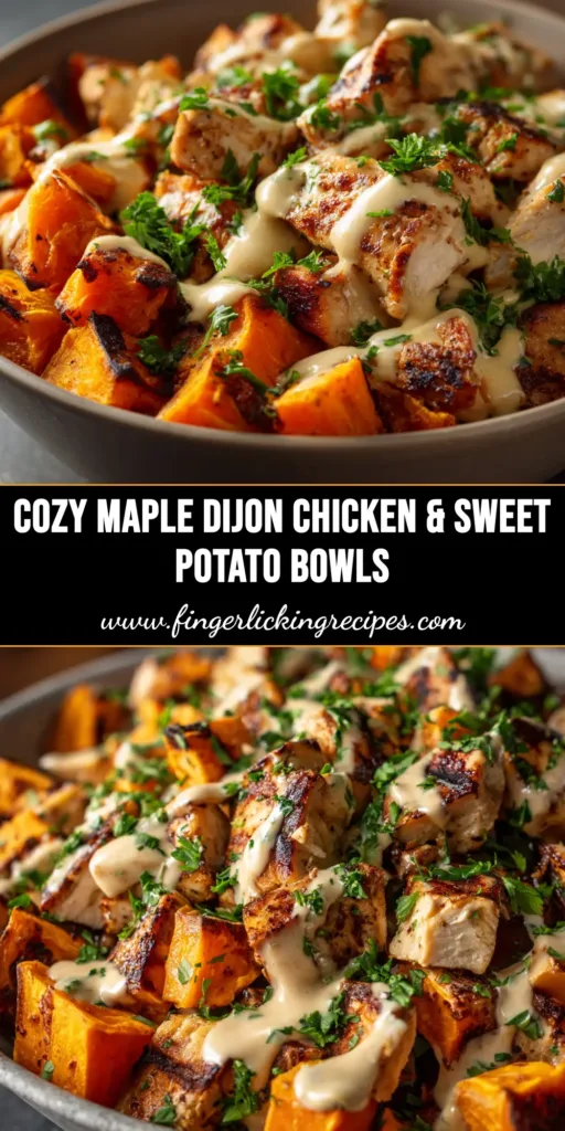 Maple Dijon Chicken Bowls: Your New Favorite Weeknight Meal 4 A beautiful overhead shot of Maple Dijon Chicken Bowls, showing roasted chicken, sweet potatoes, and brussels sprouts over a bed of quinoa, ready to be eaten.