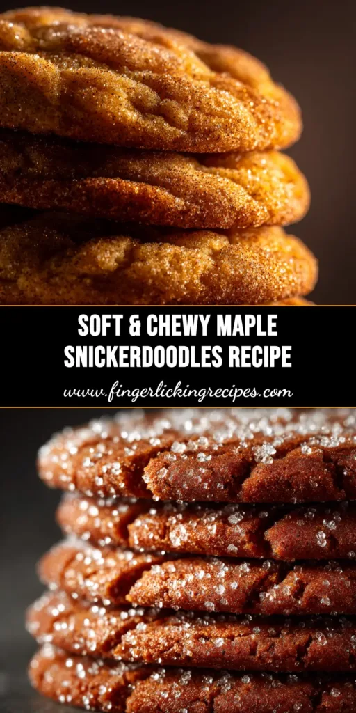 Maple Snickerdoodles: The Ultimate Chewy Fall Cookie 4 Soft and chewy maple snickerdoodles rolled in cinnamon sugar, stacked on a plate. The perfect fall cookie recipe.