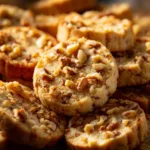 An extreme close-up of a pile of freshly baked Maple Walnut Shortbread Cookies, showing their sandy, crumbly texture.