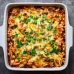 Mexican Chicken Casserole (The Creamiest Ever!) An overhead shot of the baked Mexican chicken casserole in a baking dish. This shows the savory layers and cheesy topping.