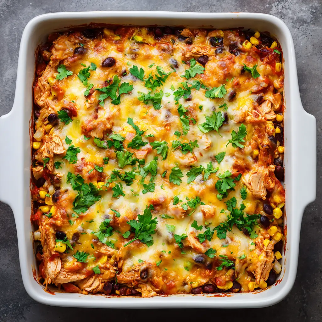 Mexican Chicken Casserole (The Creamiest Ever!) 3 An overhead shot of the baked Mexican chicken casserole in a baking dish. This shows the savory layers and cheesy topping.