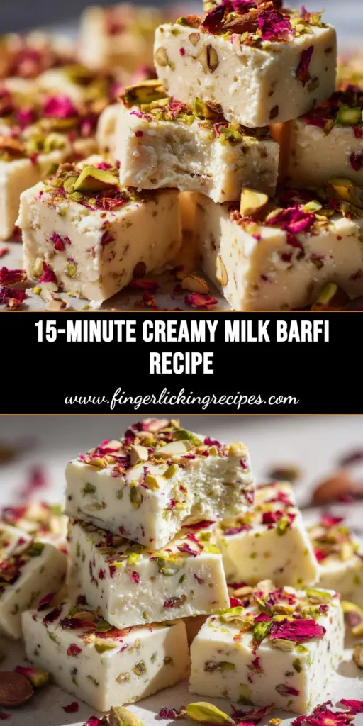 Milk Barfi Recipe (Easy & Instant 15-Minute Recipe!) 5 An easy and instant Milk Barfi Recipe made with milk powder. A tray of perfectly cut milk barfi squares garnished with pistachios, ready to be served.