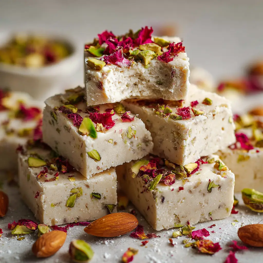 Milk Barfi Recipe (Easy & Instant 15-Minute Recipe!) 2 A stack of several milk powder barfi squares, showcasing the neat layers and inviting appearance of the finished Indian sweet.