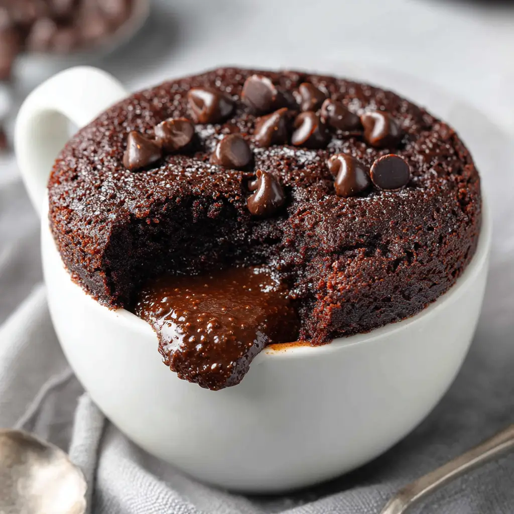 5-Ingredient Chocolate Mug Cake (Ready in 2 Minutes!) 2 The 5-ingredient chocolate mug cake being mixed with a fork inside a ceramic mug.