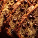 Chocolate Chip Banana Bread: The Only Recipe You'll Ever Need An extreme close-up shot of a thick slice of moist banana bread, highlighting the gooey, melted chocolate chips and the tender texture of the bread.