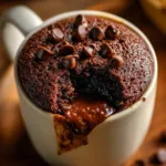A close-up macro shot showing the moist, fudgy texture of the easy microwave chocolate cake.