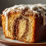 An extreme close-up of a thick slice of moist coffee cake, highlighting the tender crumb and the rich, dark cinnamon swirl filling.