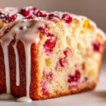 An extreme close-up of a slice of cranberry orange loaf, highlighting the moist and tender crumb and the bright red cranberries.