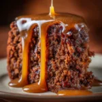 A close-up macro shot of the moist sponge cake for the sticky toffee pudding, showing the rich texture of the date-infused crumb.