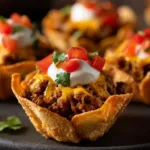 An extreme close-up shot of a single taco bite, showing the texture of the seasoned ground beef and melted cheese in a golden wonton cup.