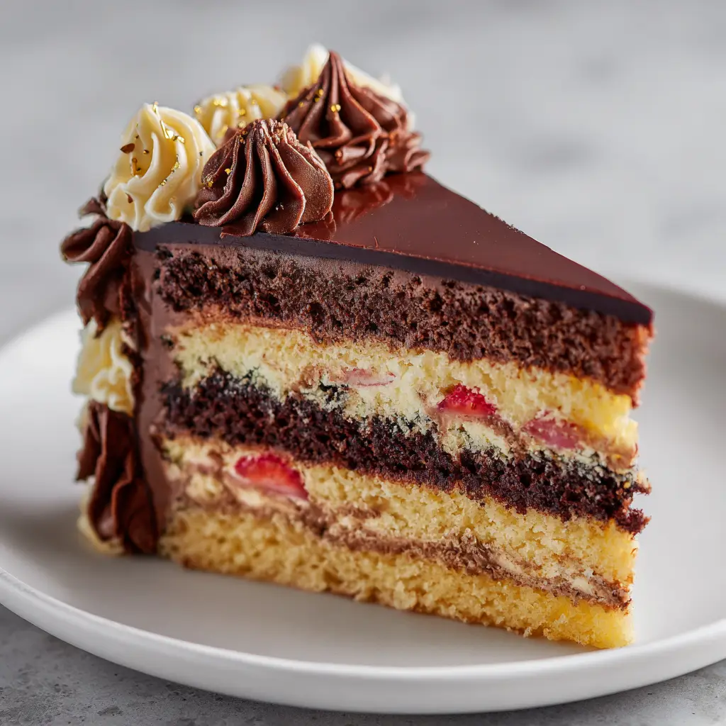 Neapolitan Cake Recipe (From Scratch!) 3 A detailed close-up of the moist crumb of the chocolate, vanilla, and strawberry cake layers. Showcasing the texture of the homemade three-layer cake.