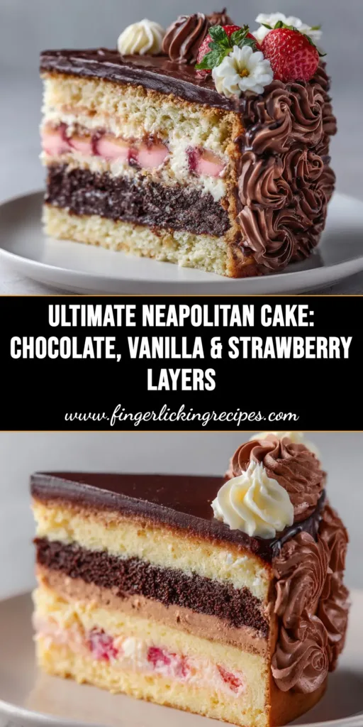 Neapolitan Cake Recipe (From Scratch!) 4 A beautiful tall slice of Neapolitan cake on a white plate, showcasing the distinct chocolate, vanilla, and strawberry layers with pink strawberry frosting. The perfect from-scratch Neapolitan cake recipe.