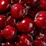A close-up macro shot of a graham cracker scooping up a generous amount of no-bake cherry cheesecake dip.