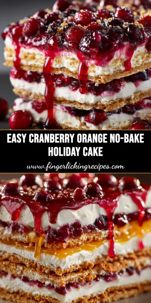 A delicious slice of No-Bake Cranberry Orange Eclair Cake on a white plate, showing the creamy layers of orange pudding, tart cranberry, and graham crackers. The perfect easy holiday dessert recipe.