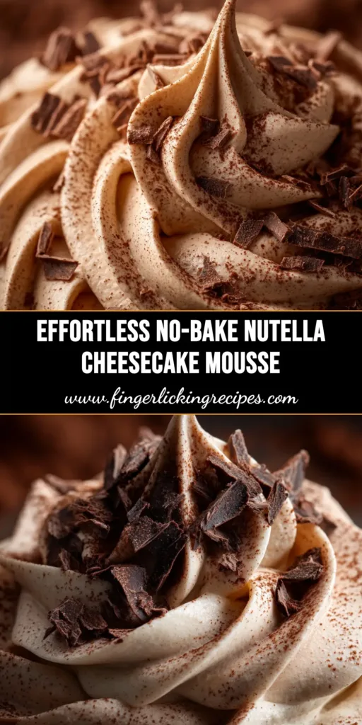 A stunning slice of no-bake Nutella cheesecake on a plate, showing its creamy texture and Oreo crust. The cheesecake is topped with chopped hazelnuts and a Ferrero Rocher chocolate.